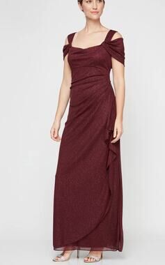 Alex Evenings Hannah Dress Glitter Off Shoulder Rouched Dark Red 14